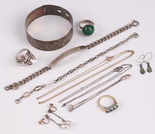 An engraved silver bracelet, a silver identity bracelet marked Isla 40g, together with a small small collection of costume jewellery 