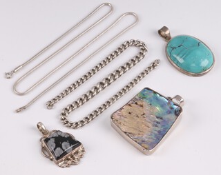 A section of silver curb link watch chain 31cm, a fine 925 chain 50cm 36g, an oval polished turquoise pendant in a 925 mount and 2 other hardstone pendants 