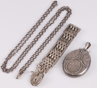 A silver gate bracelet with heart shaped padlock, silver belcher link chain 55g, together with a locket 