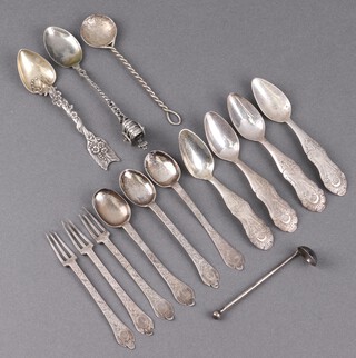Three engraved silver dog nose spoons and 3 matching forks, 3 engraved Continental silver spoons the reverse marked PGF, a Sterling silver spoon and 3 other spoons  