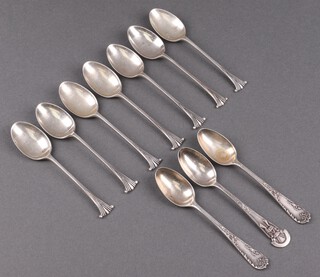 Seven silver coffee spoons Sheffield 1930 by William Hutton & Sons, 2 silver coffee spoons Birmingham 1907 and a silver spoon marked Rifle Club, 110g 