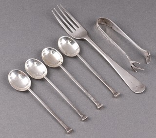 Four silver nail end coffee spoons London 1938, a silver fork and a small pair of silver sugar tongs 51g 