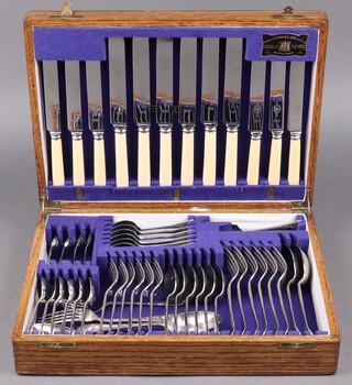 A 50 piece canteen of Arthur Price silver plated flatware comprising 6 dinner knives, 6 dinner forks, 2 serving spoons, 6 soup spoons, 6 pudding spoons, 6 pudding knives, 6 pudding forks, 6 tea spoons, 6 spoons, all contained in a mahogany box 