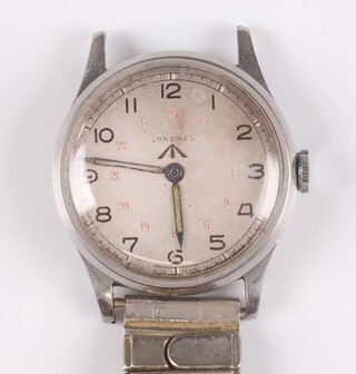 A Longines military issue wristwatch with silvered dial, Arabic numerals and 24 hour numerals, contained in a steel case 