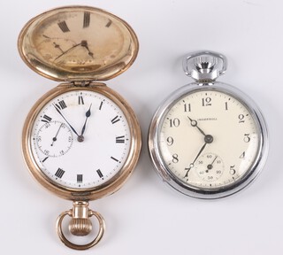 A full hunter pocket watch  with enamelled dial, Roman numerals and subsidiary second hand, movement marked Swiss, contained in a gold plated case, together with an Ingersoll open face pocket watch in a chrome case 