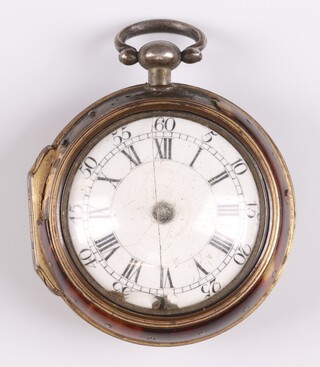 Lebourn of London, a Georgian verge fusee pair cased pocket watch, the back plate signed Lebourn London, no.1459 with enamelled dial, Roman numerals, the dust cover to the back is missing, contained in a gilt and tortoiseshell outer case, with 4 watch repair papers to the back - Crouch. Watch and Clock Makers Herts, Farputley Watch Makers and 2 for Archer Watch and Clock Makers Hackney
