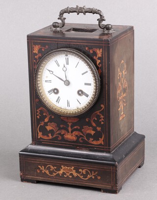 Biron of Paris, a 19th Century French 8 day striking mantel clock with 8cm enamelled dial, Roman numerals, contained in an inlaid mahogany case 22cm h x 15cm w x 13cm d, complete with pendulum and key 