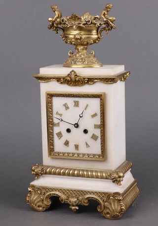 W B Bromeli Paris, a 19th Century French 8 day striking mantel clock with silk suspension, back plate marked Bromeli, marked 874, contained in a gilt ormolu and white onyx case surmounted by an urn 43cm h x 25cm w x 13cm d (no key or pendulum)