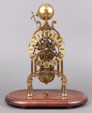 A 20th Century Victorian style fusee skeleton clock with 14cm dial, striking on bell, with pendulum but no key 38cm h x 31cm w x 18cm d 