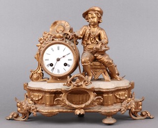 Japy Freres, a 19th Century French striking mantel clock with 8cm enamelled dial, back plate no. 1143, contained in a gilt metal case supported by seated gardener 33cm h x 41cm w x 10cm d  