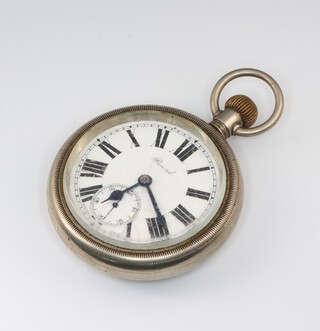 A Record open face, keyless pocket watch with enamelled dial, Roman numerals and subsidiary second hand, the movement marked Record, 15 jewels, Swiss Made, contained in a metal case 