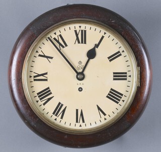 A George VI GPO chain driven fusee wall clock, the 25cm dial with Royal Cypher, Roman numerals and marked George VI, the 11cm back plate marked 27457, complete with pendulum and key 