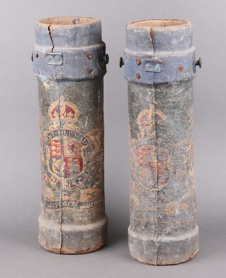 A pair of 19th Century blue canvas cordite carriers with Royal Arms 50cm h x 14cm diam. 