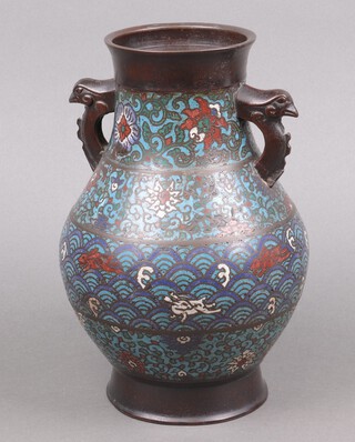 A 19th Century Japanese twin handled, club shaped blue and green champs leve enamelled vase 29cm  