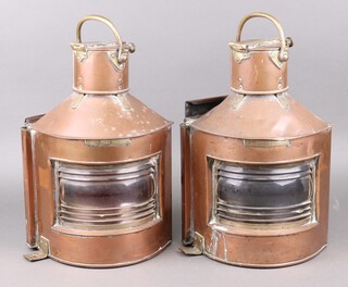 Thomas R Boag & Sons, a pair of 19th Century copper and brass port and starboard lanterns, 1 marked TRB & S, both marked to the front Bow Port Patt. 23. 42cm 