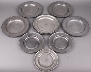 Nine, 18th Century and later pewter plates 