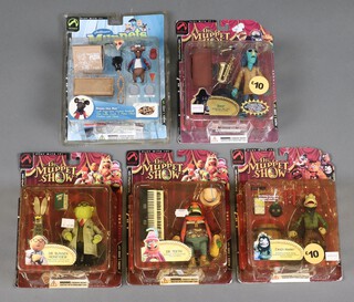 A collection of 5 Muppet Show action figures and play sets by Palisades, all carded in blister packs (some lifting) to include Crazy Harry, Dr Bunsen and Honeydew, Rizzo The Rat, Dr Teeth and Zoot 