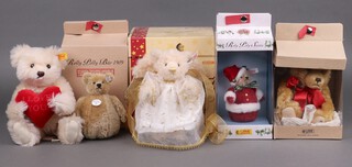 Steiff, a collection of small teddy bears to include "Rolly Polly Santa" in blonde mohair no.037894 12cm boxed, a small wool and cotton bear no.028113, a replica "Rolly Polly Bear 1909 16cm, boxed and with certificate, limited edition 1519/3000, a "Christmas Angel" in cream mohair 20cm, limited edition 699/2006 boxed and with certificate and "I Love You" in cream mohair 27cm,  unboxed 