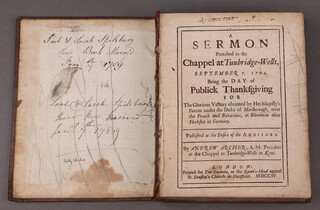 An early 18th Century book of seven sermons, fully bound in contemporary brown calf, the front and rear boards blind tooled panel with floral motifs and raised bands 1709