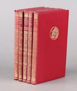 Kipling, Rudyard, a collection of 5 pocket edition volumes by Macmillan to include - "Life's Handicap" 1926, "The 2nd Jungle Book" 1926, "Just So Stories" 1924, "Kim" 1920 (dedication to end paper) and "Storky and Co" 2019 (dedication to end paper), all bound in red cloth with git elephant and Swastika motif to cover  