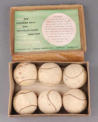 A boxed set of 6 Slazenger lawn tennis balls, boxed "Exclusively Chosen For The Championships Wimbledon 1947", complete with leaflets 
