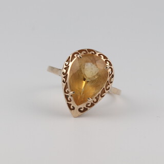 A 9ct gold ring set a heart cut citrine, size Q, 3.3g 
