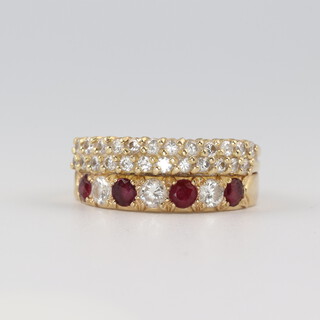 An 18ct gold ring formed from 2 rings, set diamonds and rubies, size M, 7.2g 