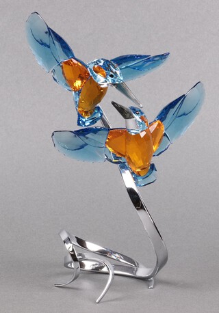 A Swarovski Crystal figure group - Kingfishers on a steel base 22cm 
