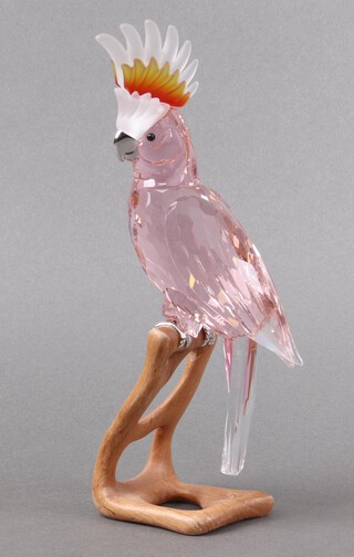 A Swarovski Crystal  2010 figure of Cockatoo, red, with plume, mounted on a wooden perch 26cm, boxed 