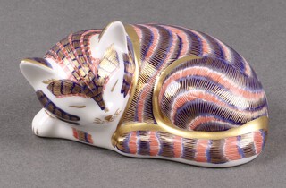 A Royal Crown Derby paperweight in the form of a curled kitten, base marked XLI, gold stopper 4cm 