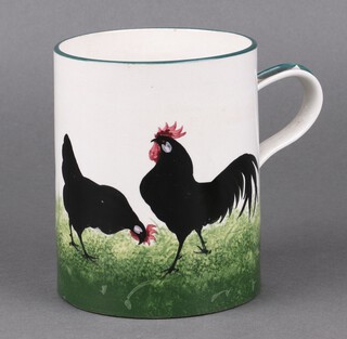 A Wemyss pottery mug decorated cockerels, the base impressed Wemyss 14cm 