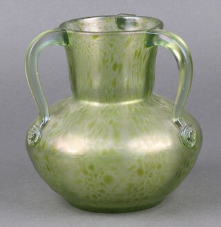 A Loetz style green opaque 3 handled glass vase 15cm h 