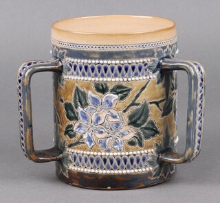 A Doulton Lambeth salt glazed 3 handled mug, base incised HG 1887 15cm  