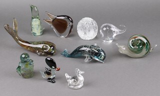 A Murano glass figure of a dolphin 19cm, ditto whale, snail and 7 other glass figures 