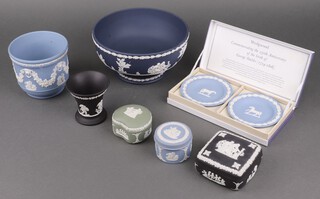 A Wedgwood blue Jasperware pedestal bowl, base impressed Wedgwood 72 10cm, ditto blue and white chassepot 10cm, small vase, 3 trinket boxes and a pair of circular pin trays boxed 