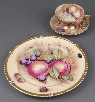 An Aynsley plate decorated peaches and grapes, signed D Jones, 26cm together with a similar cup and saucer, base marked 1037 