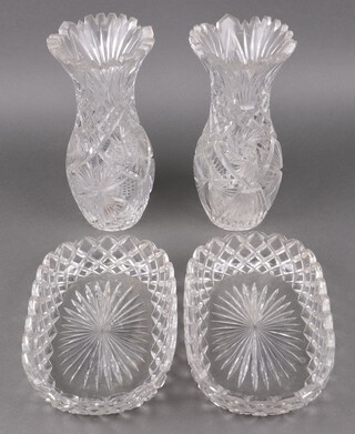 A pair of large and impressive cut glass vases 29cm, together with a pair of oval cut glass dishes 20cm x 18cm 
