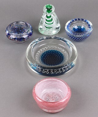 A Whitefriars style circular blue bubble glass dish 18cm (slight imperfection to the rim), 3 other glass bowls and a small vase  