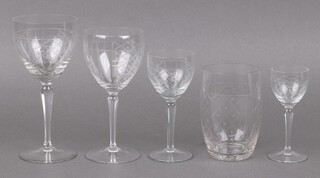 A suite of Danish glassware glasses comprising 7 red wine glasses, 10 white wine glasses, 7 sherry glasses, 10 liqueur glasses and 2 tumblers  (34)