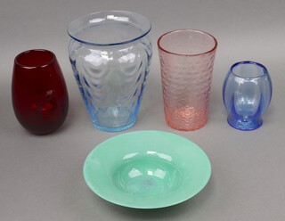 A turquoise Art Glass shallow bowl 5cm, a ruby bubble glass vase 18cm and 3 other Art Glass vases  