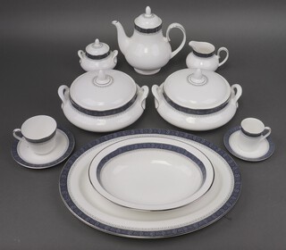 A Royal Doulton 83 piece Sherbrooke pattern dinner/tea, coffee service comprising 2 twin handled sauce tureens and covers, oval meat plate, oval dish, circular platter, 8 dinner plates, 6 side plates, 10 pudding bowls (1 second), 10 large saucers (2 seconds), 2 sauce boats, 6 twin handled soup bowls (4 seconds), 9 tea cups (2 seconds), 8 saucers (5 seconds), teapot, coffee pot, cream jug, sugar bowl, 8 coffee cups, 9 saucers (7 seconds)  