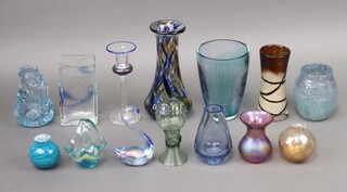 A Caithness style brown Art Glass club shaped vase 21cm and a collection of Art Glass vases 