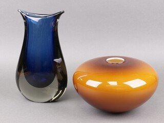 An amber Art Glass squat shaped vase 12cm and  a Murano style blue tear drop shaped vase 30cm 