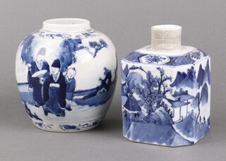 An 18th Century Chinese blue and white octagonal tea caddy decorated mountains and buildings 15cm, together with a Chinese blue and white ginger jar and cover the base with 4 character mark 13cm  