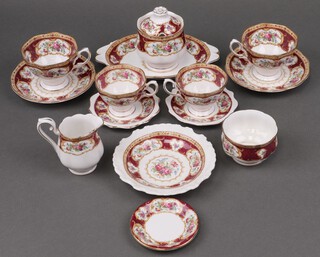 A Royal Albert Lady Hamilton 46 piece tea service comprising 8 tea plates (1 with chip to rim), oval twin handled dish, circular dish, small circular dish, 6 dishes, cream jug, sugar bowl, preserve jar and cover, 12 tea cups (2 seconds, 5 ring flat), 8 saucers and 6 coffee cups  