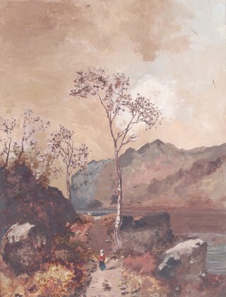 British School, Figure on a Path near a Lake, late 19th/early 20th century oil on canvas, 44cm x 34cm, within a gilt composition frame.
