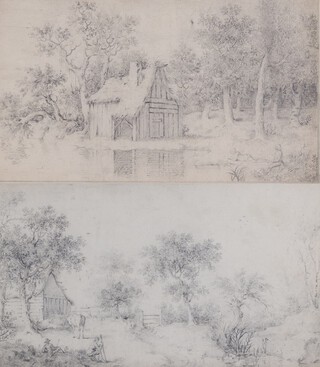 Attributed to George Morland (1763-1804), Landscape with Barn, Pond and Figures, and Landscape with Horse, Barn and Figures, a pair of pencil drawings on laid paper, one signed with initials, each 17cm x 30cm, both within stained wood frames.