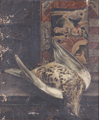 British School, Still Life with Japanese Cabinet and dead game Bird, late 19th/early 20th century oil on canvas, 29cm x 24cm, within a stained wood frame.
