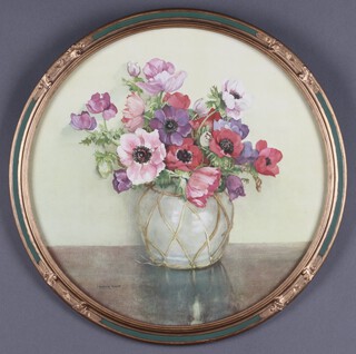 After Dorcie Sykes (1908-1998), Still Life of Poppies in a Vase, 20th century tondo colour print, 37cm diameter, within a gilt and painted composition frame.