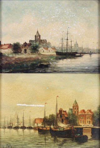 Fels, Dutch School, Canal Scenes, a pair of early 20th century oils on porcelain, both signed, each 13.5cm x 18.5cm, both within ebonised frames.	